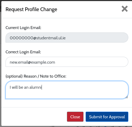 "Change Login Email and Reason"